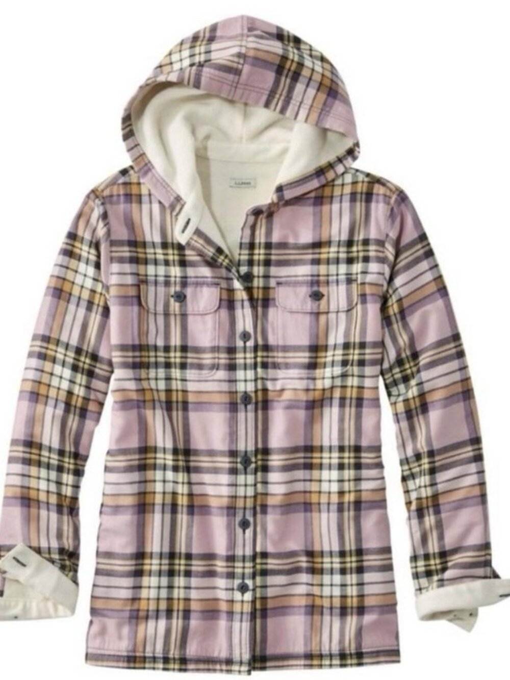 L.L.Bean Fleece Lined Flannel Shirt Hoodie Light Mauve Plaid XL